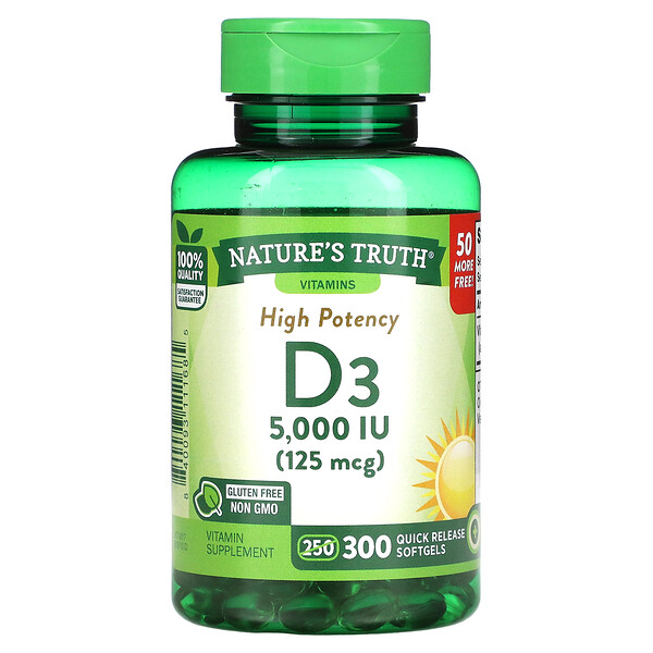 Высокоэффективный витамин D3, 125 мкг (5000 МЕ), 300 мягких капсул с быстрым высвобождением Nature's Truth