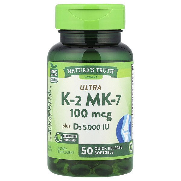 Ultra K-2 + MK-7, 100 мкг, 50 быстрорастворимых капсул - Nature's Truth - Витамин D Nature's Truth