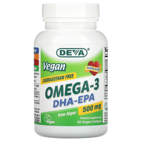 Vegan Omega-3 DHA-EPA, 500 мг, 60 веганских мягких желатиновых капсул Deva
