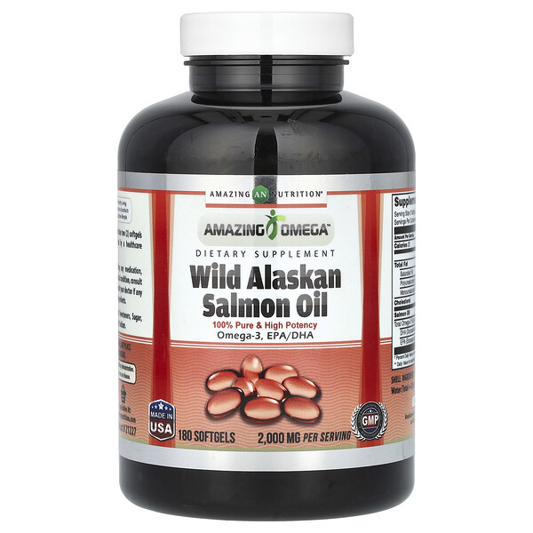 Дикое Аляскинское масло лосося - 2000 мг - 180 мягких капсул - Amazing Nutrition Amazing Nutrition