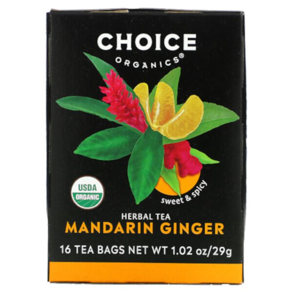 Herbal Tea, Мандариновый имбирь, без кофеина, 16 чайных пакетиков, 1,02 унции (29 г) Choice Organic Teas