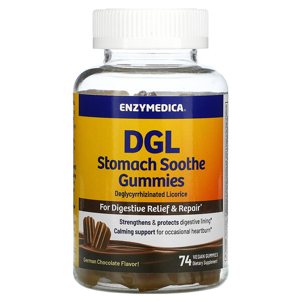 DGL Stomach Soothe Gummies, Немецкий шоколад, 74 веганских жевательных конфеты Enzymedica