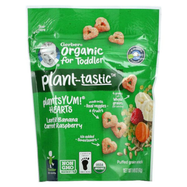 Plant-tastic, Organic for Toddler, воздушная зерновая закуска, чечевица, банан, морковь, малина, от 12 месяцев, 1,48 унции (42 г) GERBER