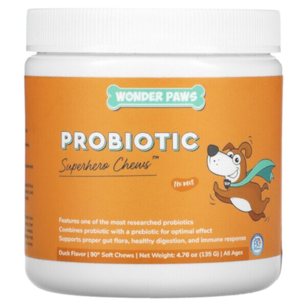 Пробиотик, Superhero Chews для собак, для всех возрастов, утка, 90 мягких жевательных таблеток Wonder Paws