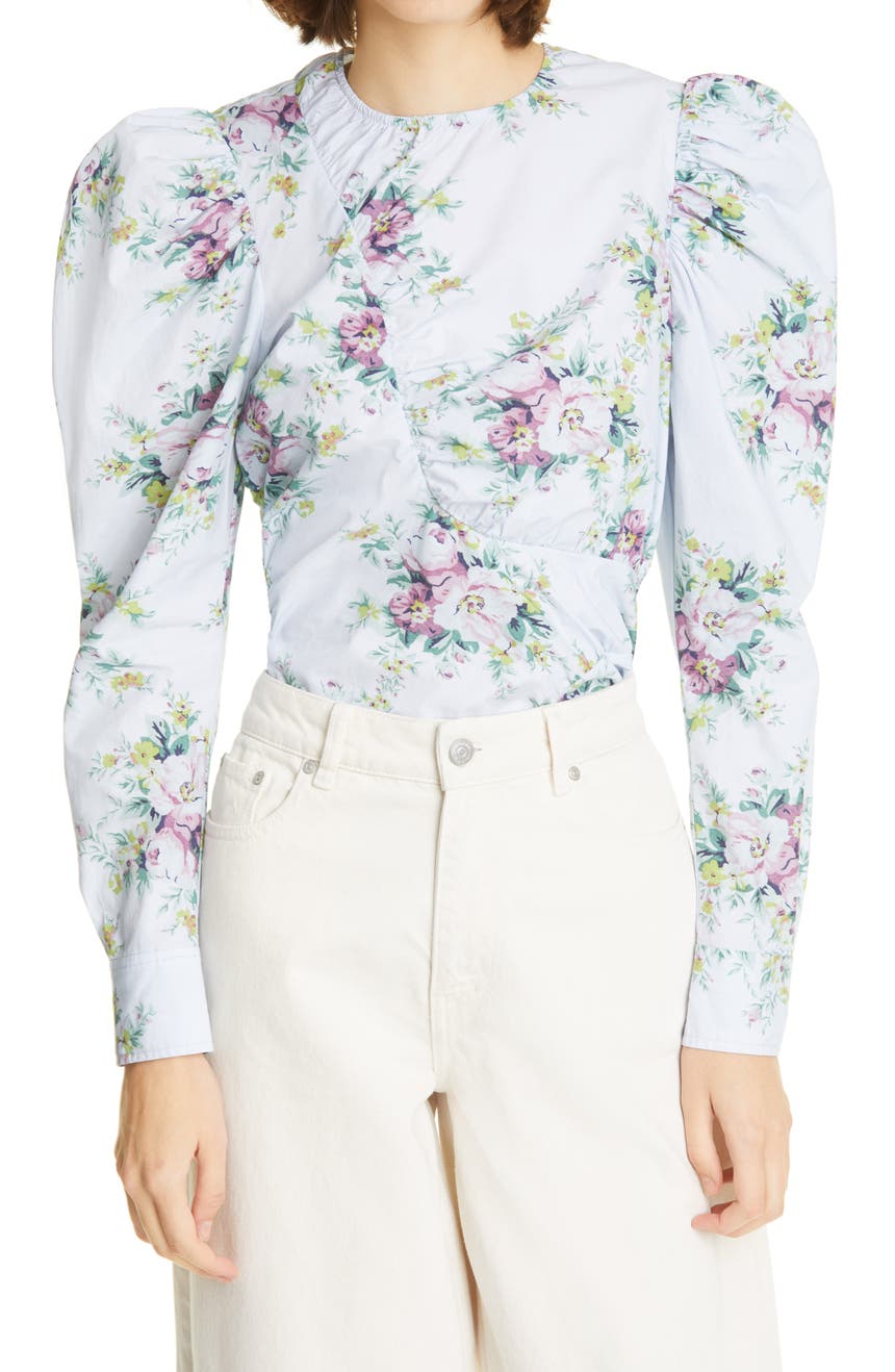 Блузка из органического хлопка с пышными рукавами и цветочным принтом GANNI