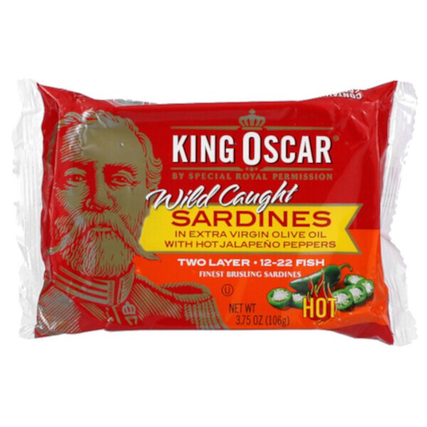 Wild Caught Sardine, в оливковом масле Extra Virgin с острым перцем халапеньо, острая, двухслойная, 3,75 унции (106 г) King Oscar