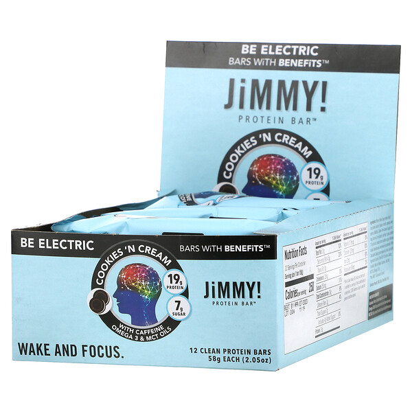 Be Electric Bars With Benefits, Cookies 'N Cream, 12 протеиновых батончиков, 2,05 унции (58 г) каждый JiMMY!