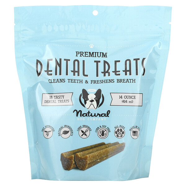 Dental Treats, Очищает зубы и освежает дыхание, 18 вкусных леденцов для зубов, 14 унций (414 мл) Natural Dog Company