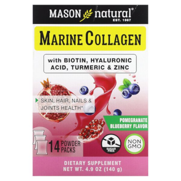 Морской коллаген с биотином, гиалуроновой кислотой, куркумой и цинком, вкус гранат и черника - 10 г - 14 упаковок - Mason Natural Mason Natural