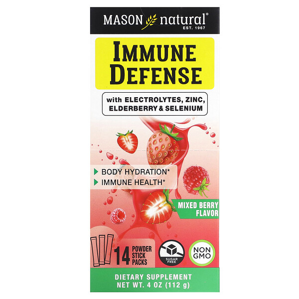 Immune Defense with Electrolytes, бузина, селен и цинк, смесь ягод, 14 порошковых стиков, 4 унции (112 г) Mason Natural