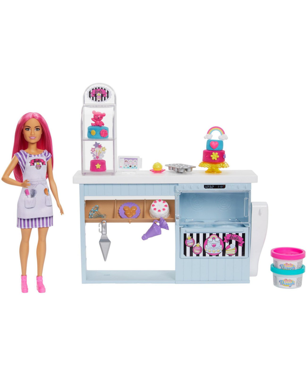 Игровой набор для кукольной пекарни с розоволосой миниатюрной куклой, пекарской станцией Barbie