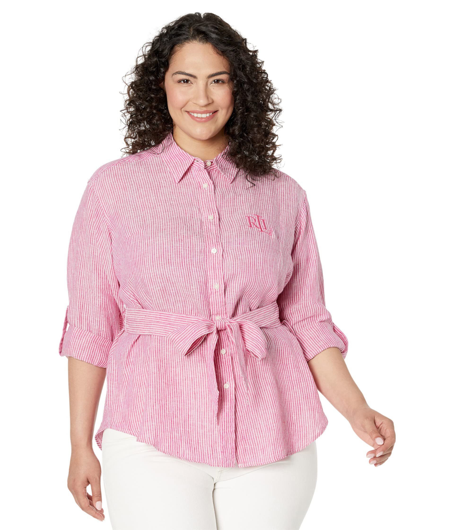 Plus Size Striped Logo Linen Shirt LAUREN Ralph Lauren