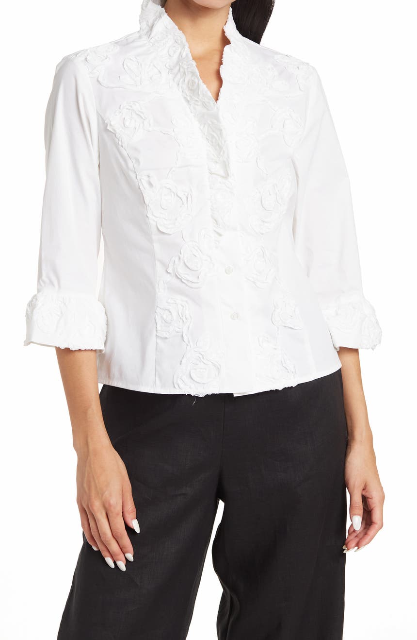 Рубашка из смесового хлопка с V-образным вырезом и рукавами три четверти с рюшами GO SILK