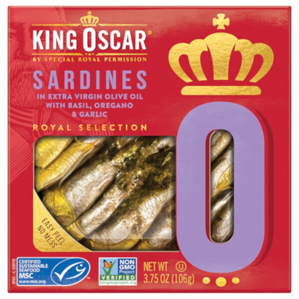 Сардины в оливковом масле Extra Virgin с базиликом, орегано и чесноком, 3,75 унции (106 г) King Oscar