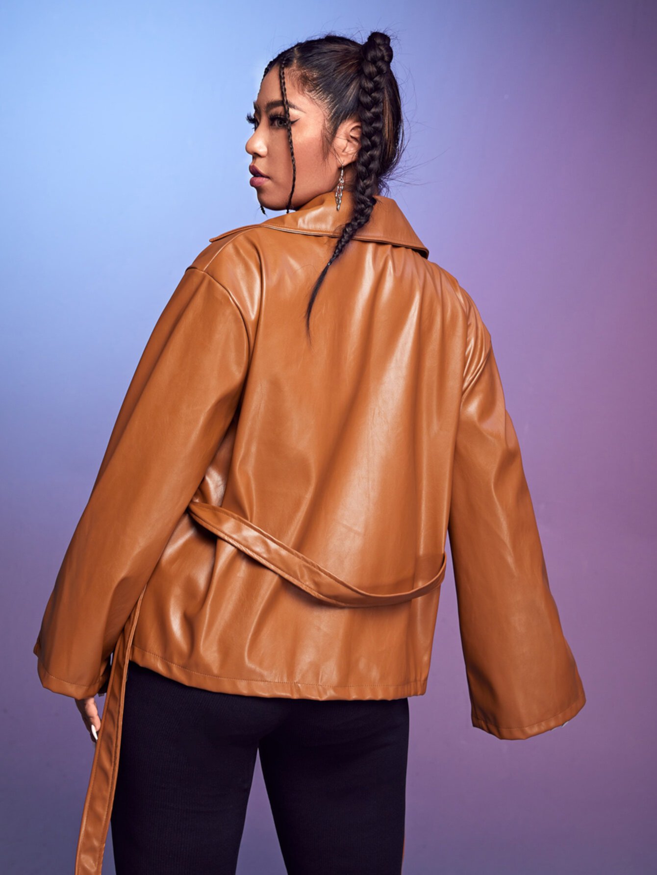 SHEIN Пальто размера плюс из искусственной кожи с поясом и карманом SHEIN