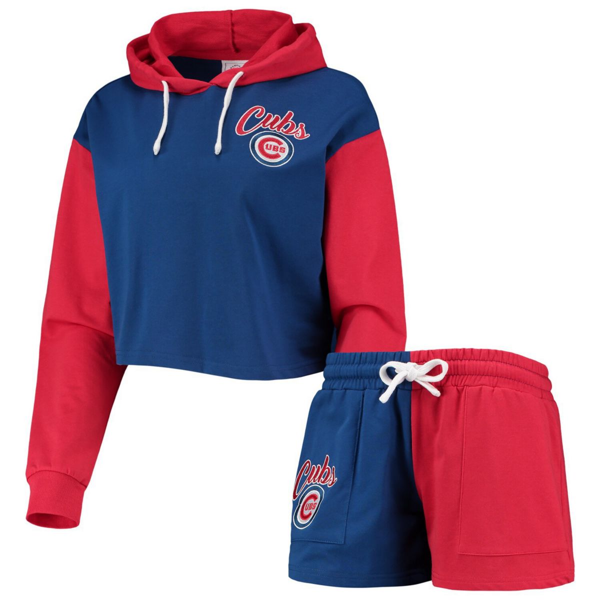 Женский пуловер с капюшоном и капюшоном FOCO Royal/Red Chicago Cubs в стиле колор-блок; Комплект для отдыха с шортами FOCO