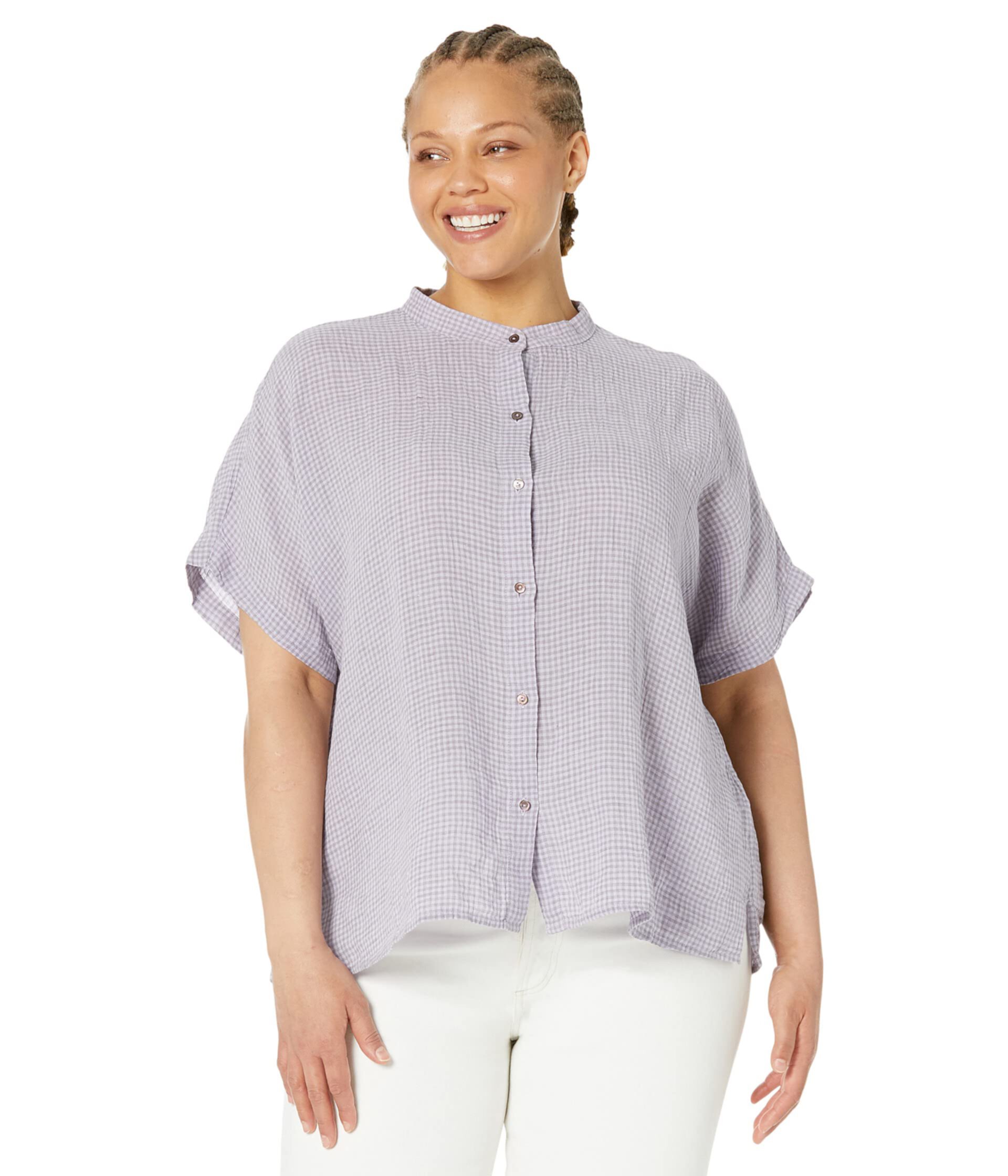 Рубашка с коротким рукавом и воротником-стойкой из органического льна со сборками Eileen Fisher