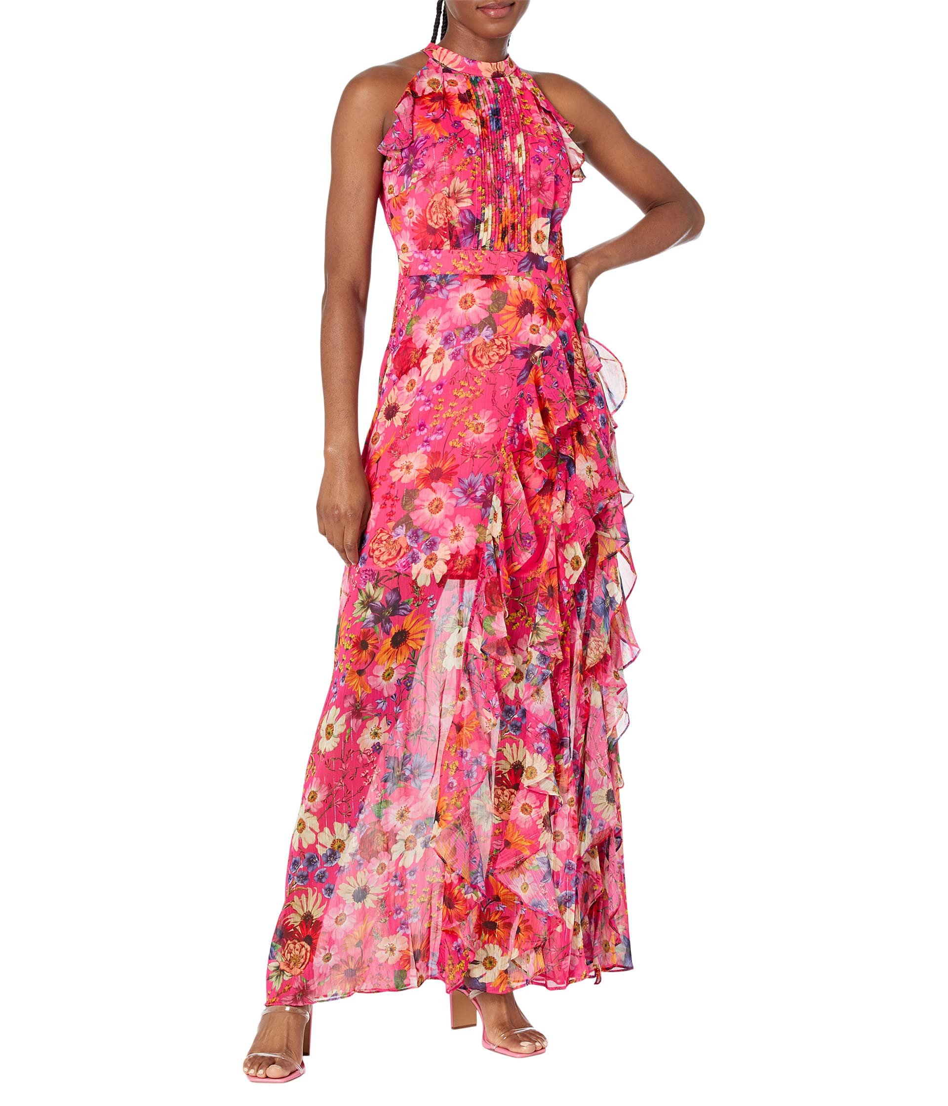 Halter Chiffon Print Ruffled Gown Betsy & Adam