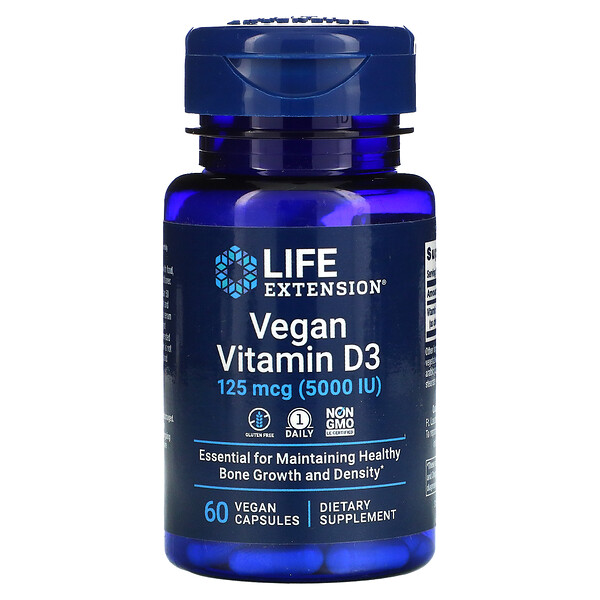 Веганский Витамин D3 - 125 мкг (5000 МЕ) - 60 веганских капсул - Life Extension Life Extension