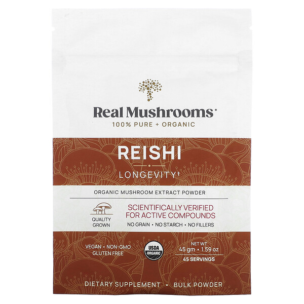 Reishi, Organic Mushroom Extract Powder (Порошок), 1.59 oz (Унции) (45 gm) Real Mushrooms