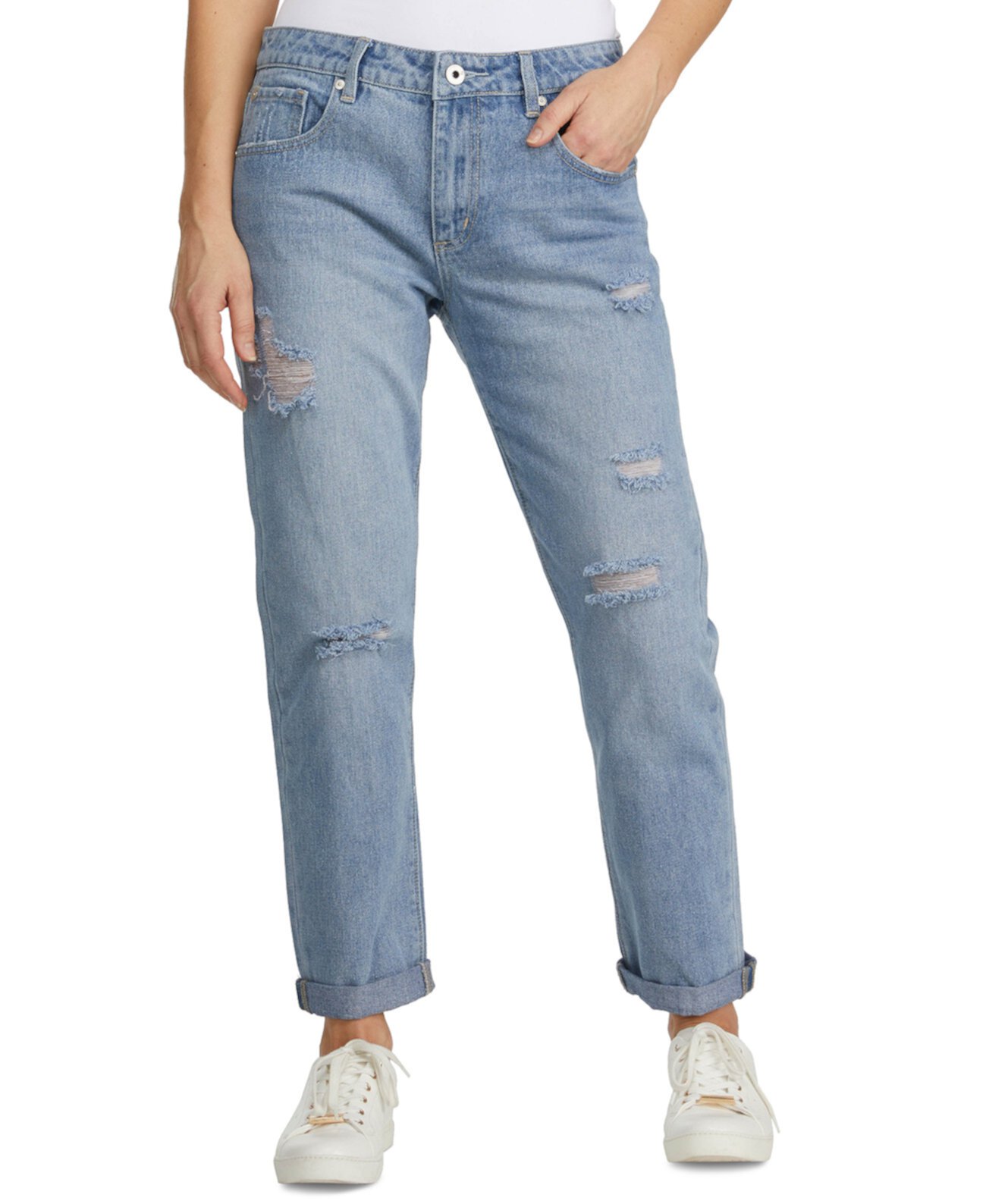 Женские джинсы-бойфренды с потертостями и подвернутыми манжетами Numero