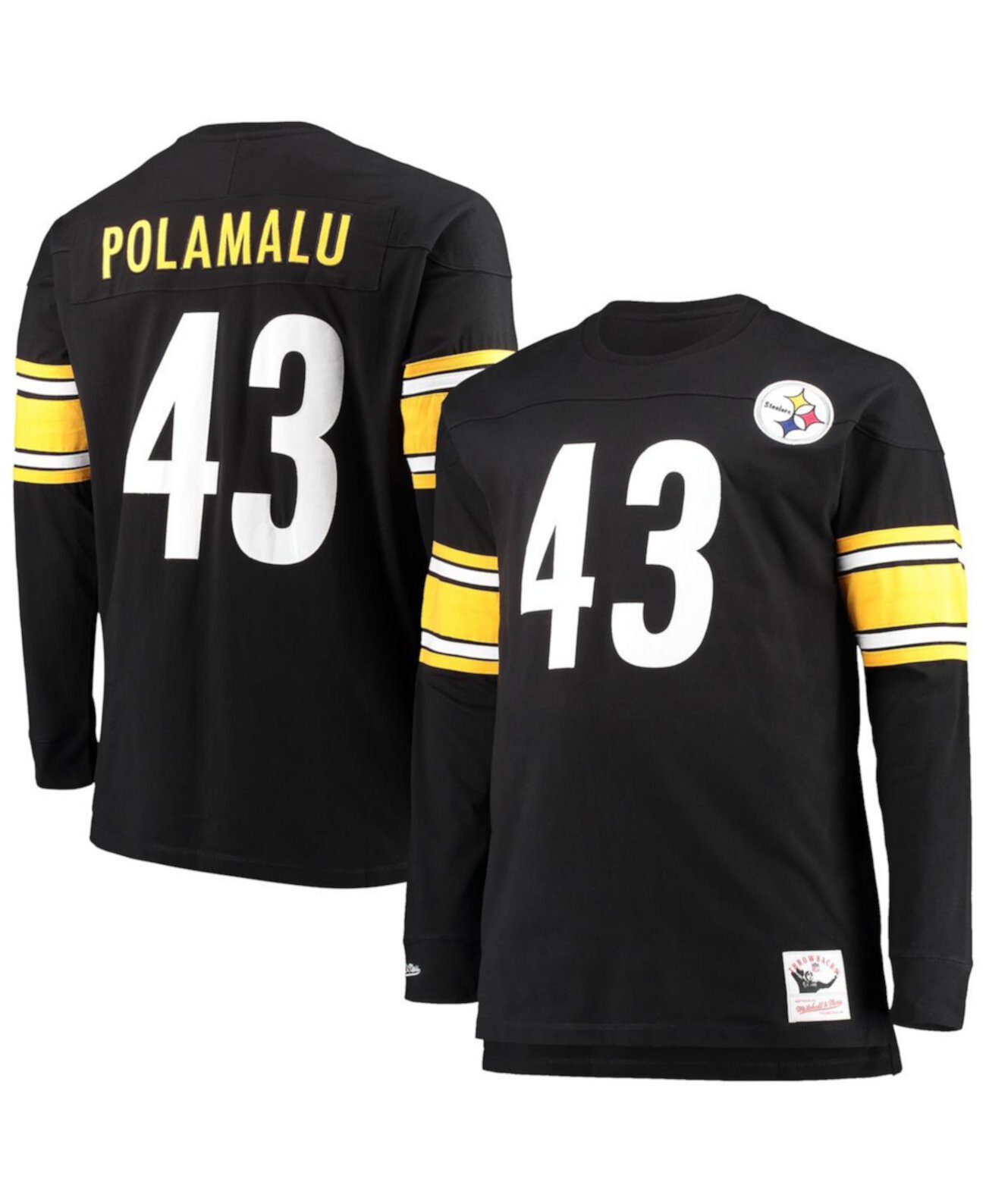 Мужская футболка с длинными рукавами и именем и номером игрока Troy Polamalu Black Pittsburgh Steelers Big and Tall Mitchell & Ness