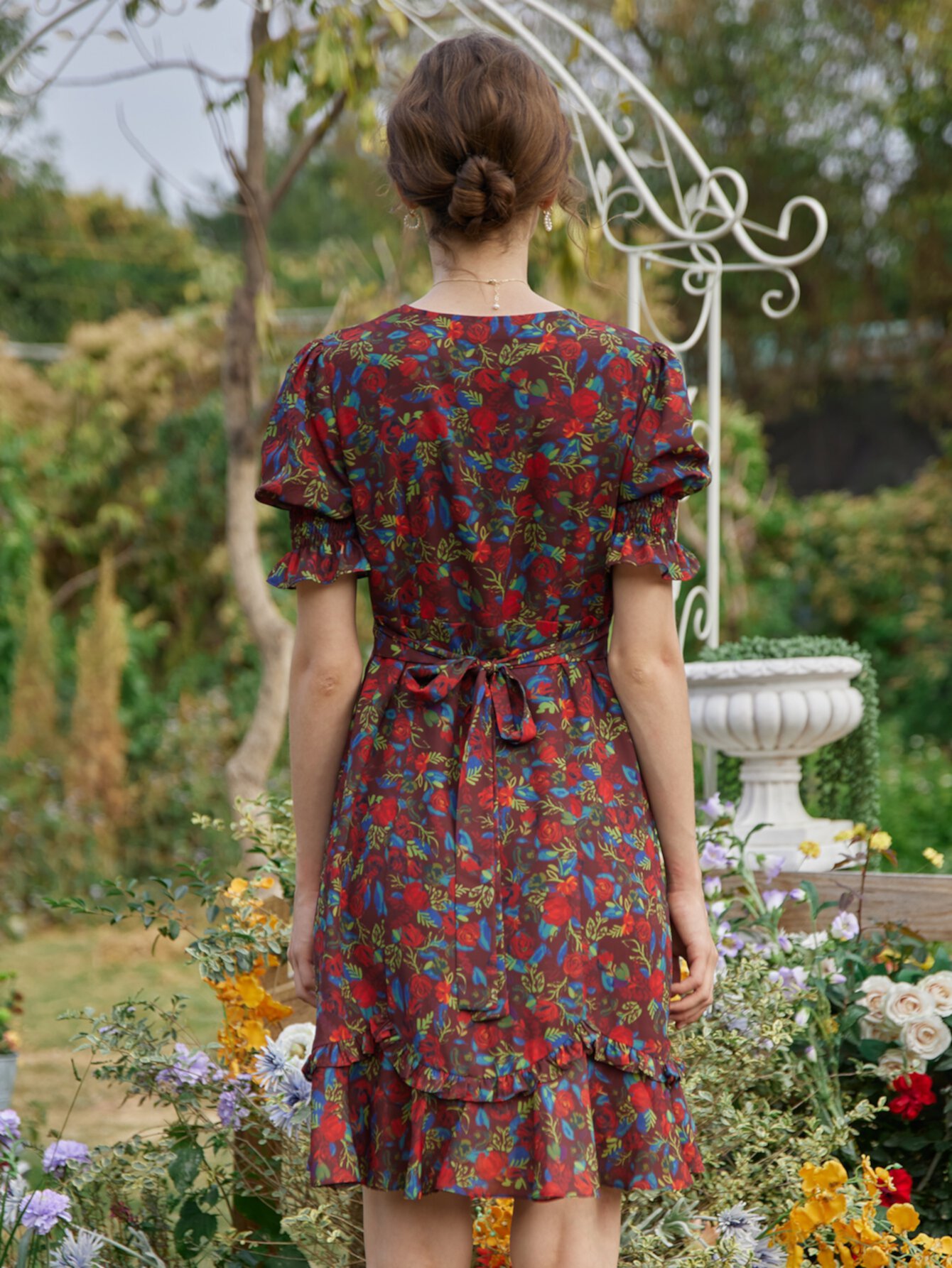 Simple Retro Платье с цветочным принтом с пышным рукавом с узлом сзади Simple Retro