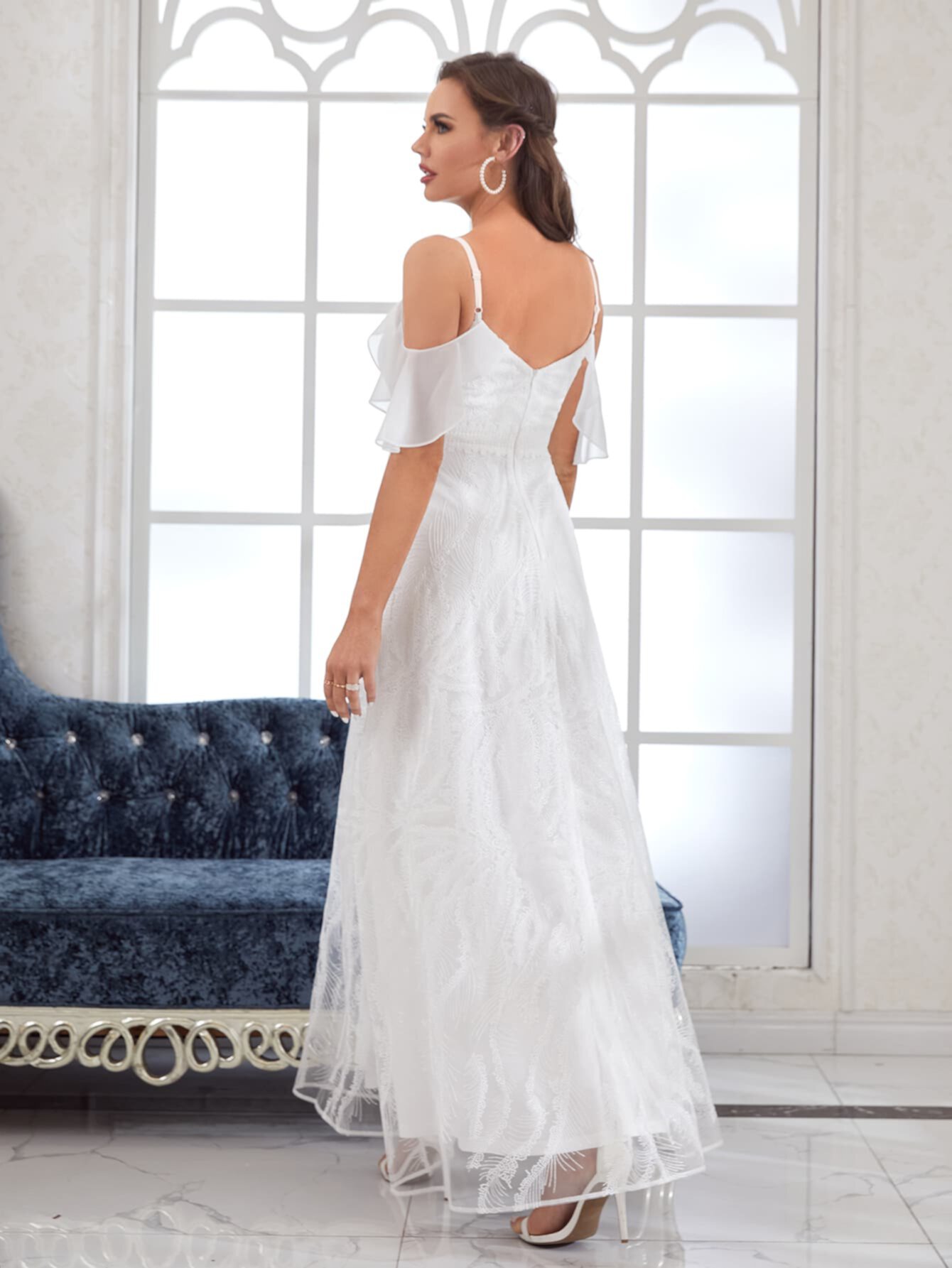 Свадебное платье с открытыми плечами с оборкой кружевной без фаты SHEIN