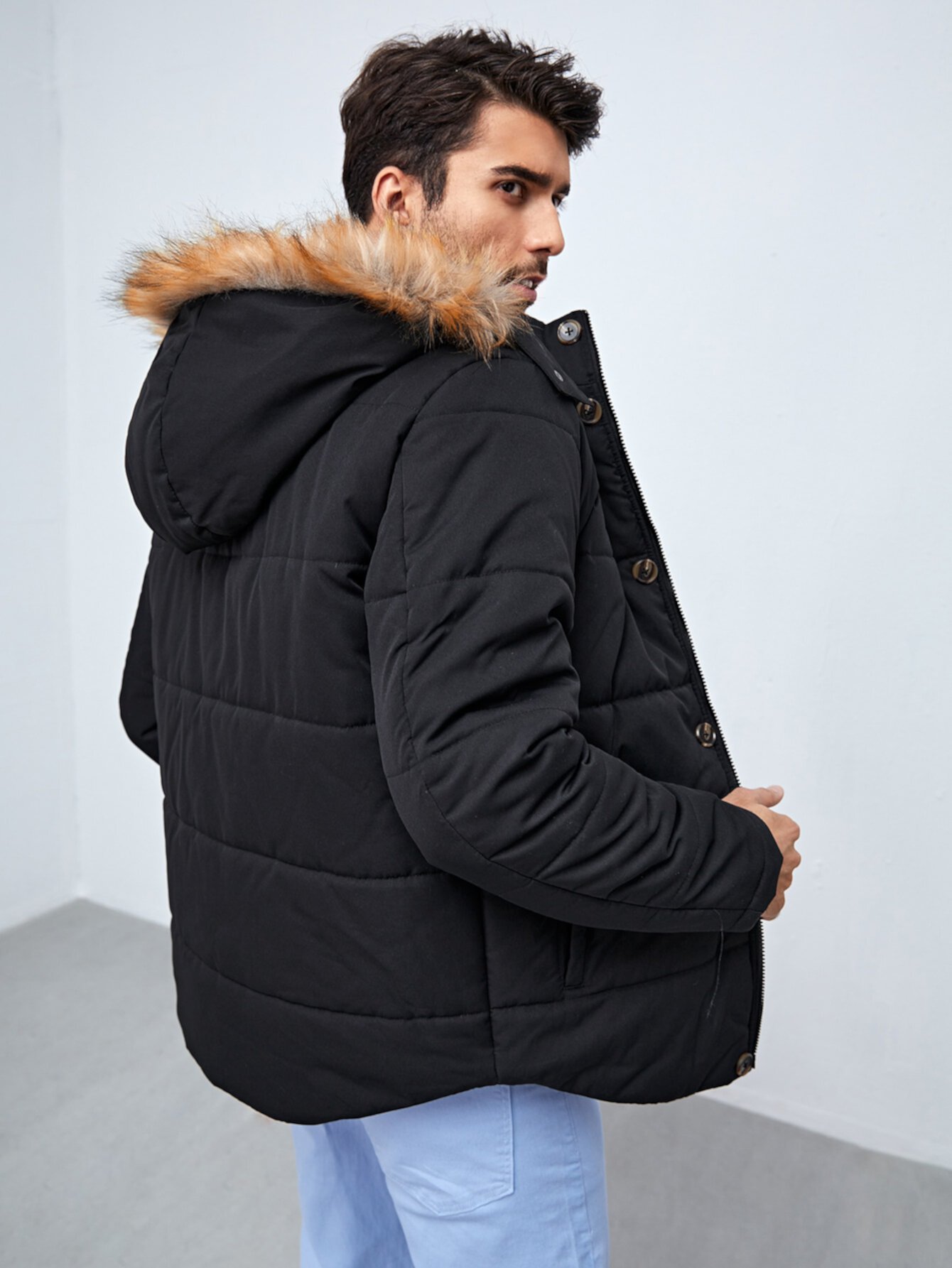SHEIN для мужчины Утепленная куртка с карманами из плюша с отделкой с капюшоном SHEIN