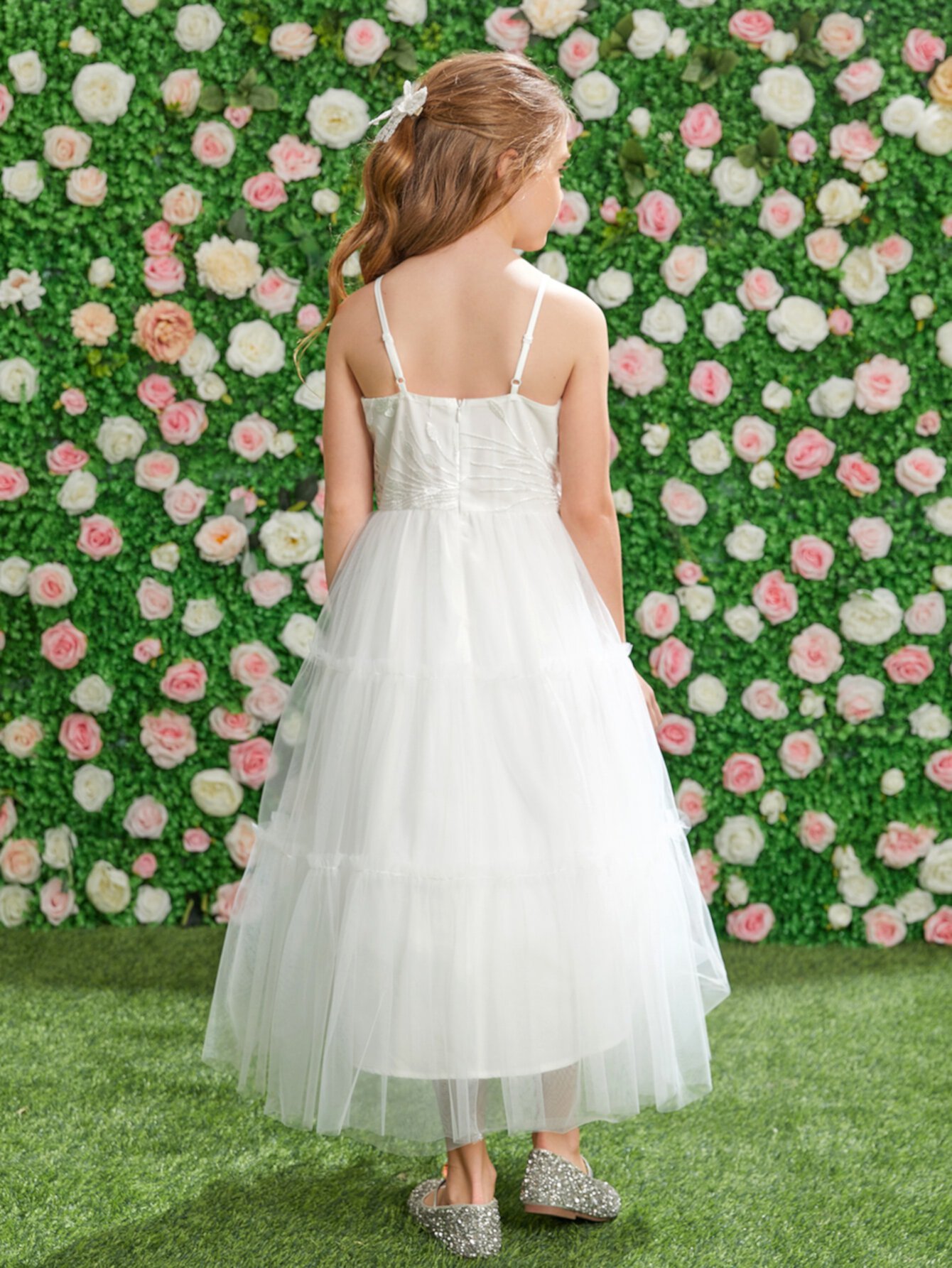 SHEIN Платье на бретельках с вышивкой листьев с оборками контрастный сетчатый для девочек-цветочниц SHEIN
