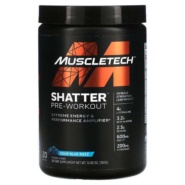 Shatter, Pre-Workout, Sour Blue Razz, 12,82 унции (363 г) Muscletech