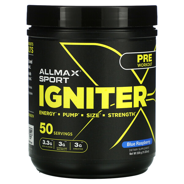 Igniter, Pre-Workout, голубая малина, 11,28 унций (320 г) ALLMAX