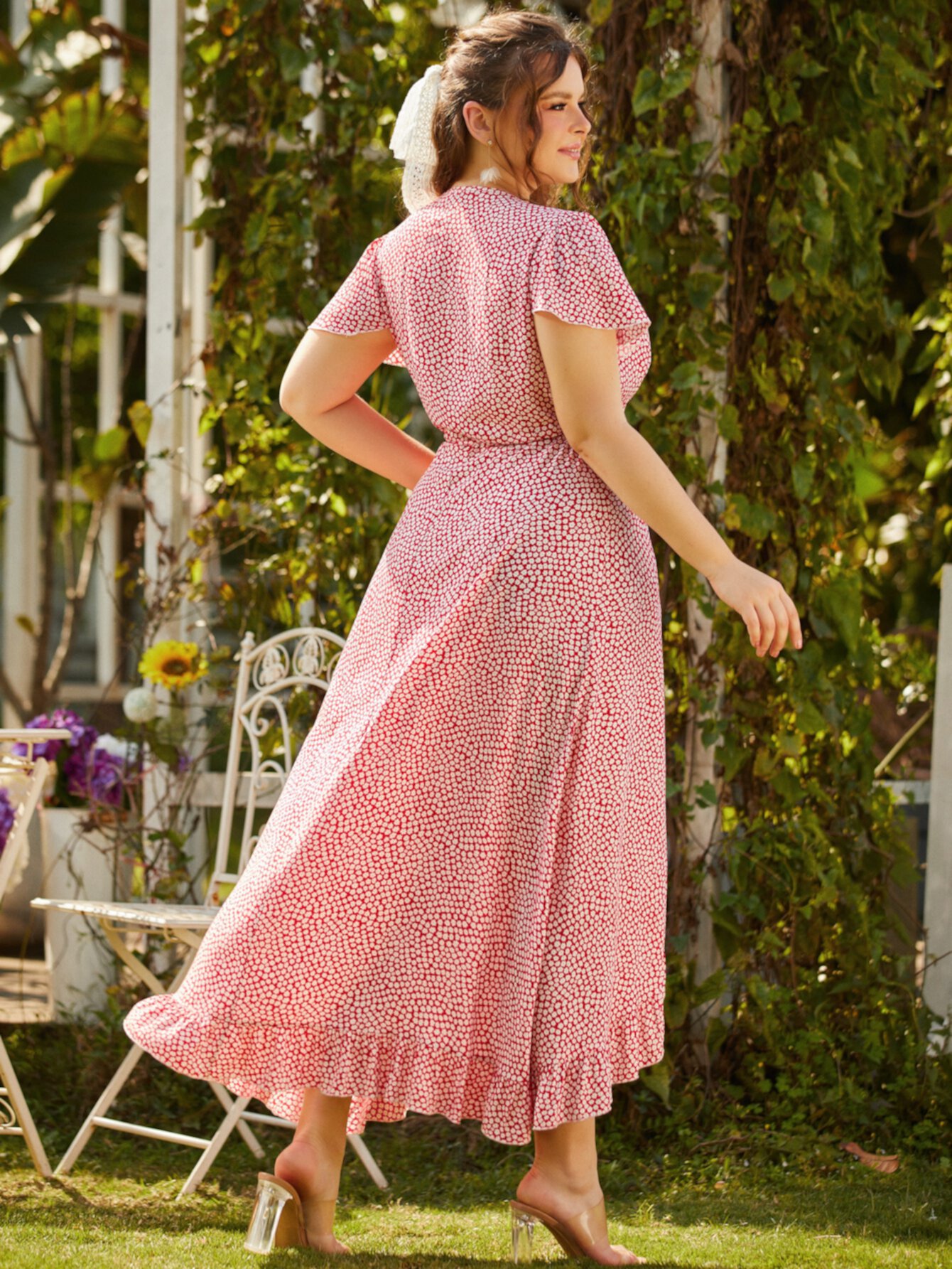 SBetro размера плюс Платье с цветочным принтом с рукавами-бабочками с запахом с узлом с оборкой SBetro