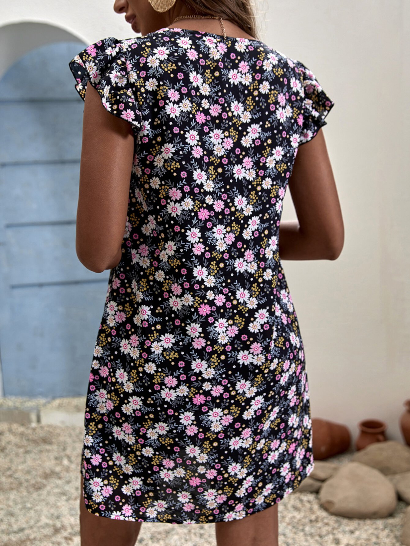 SHEIN Платье с цветочным принтом с рукавами-бабочками SHEIN