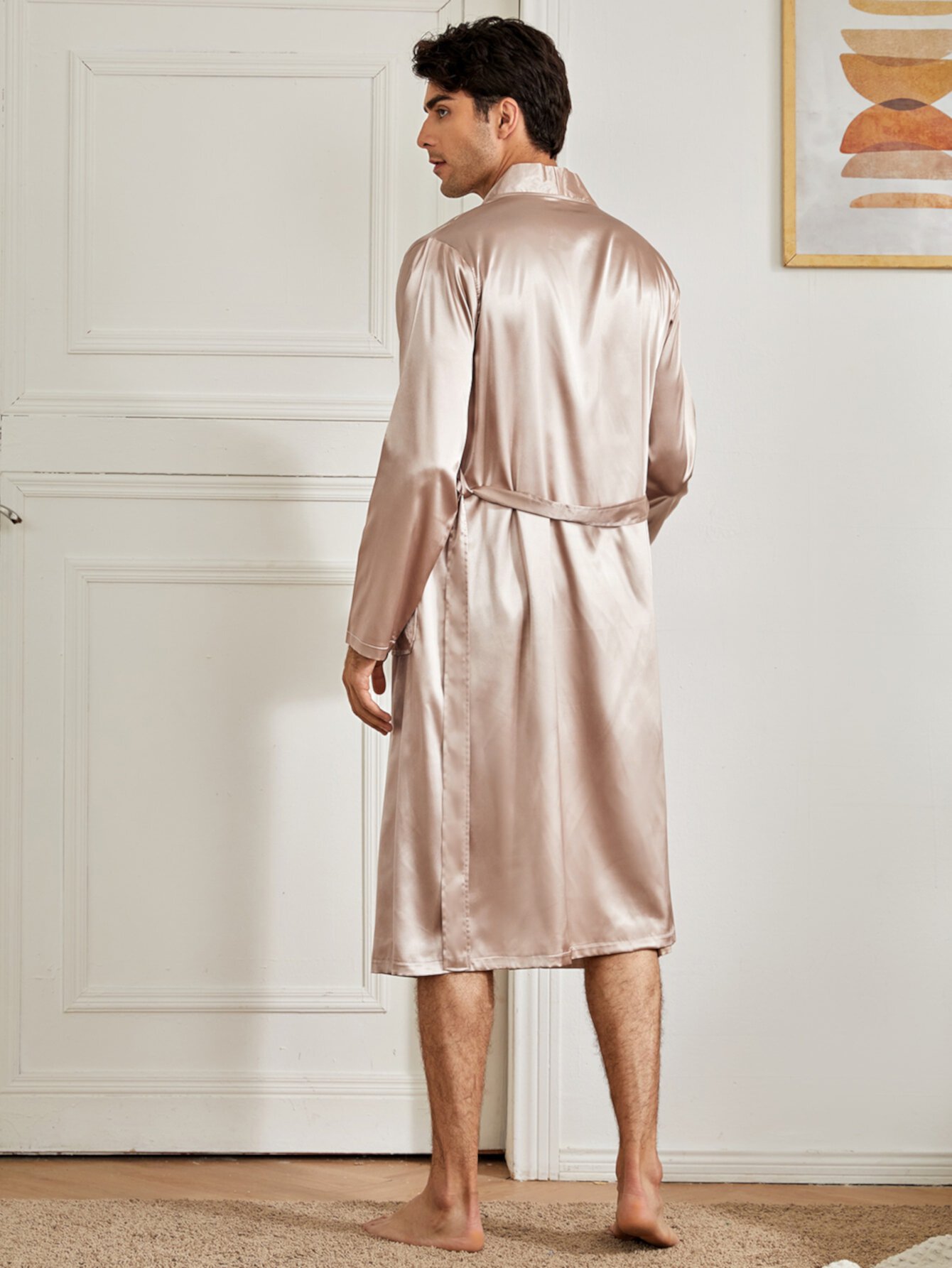 Мужской атласный ночной халат с поясом и шорты SHEIN