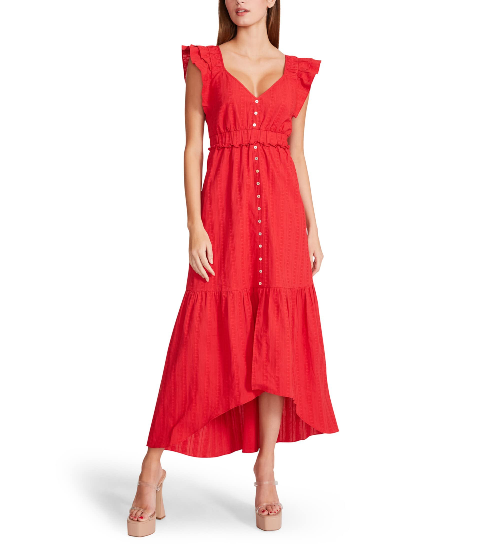 Novelty Textured Cotton Ruffle Sleeve High-Low Midi Betsey Johnson