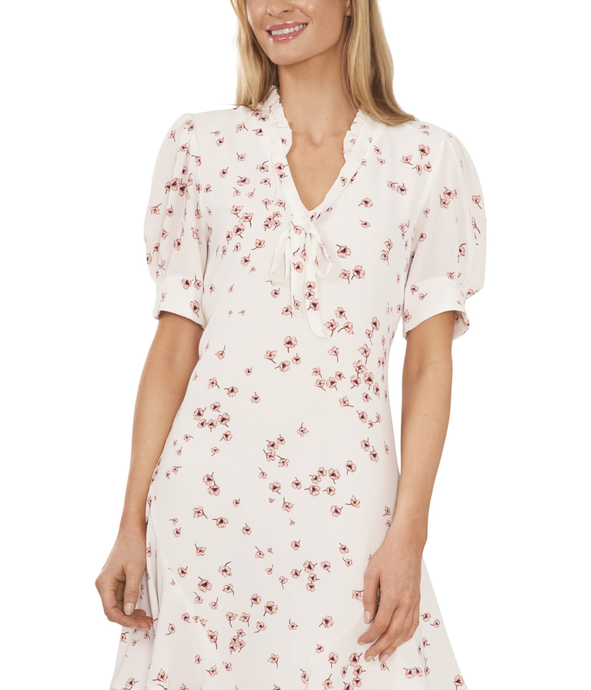 Puff Sleeve V-Neck Printed Dress with Ties CeCe