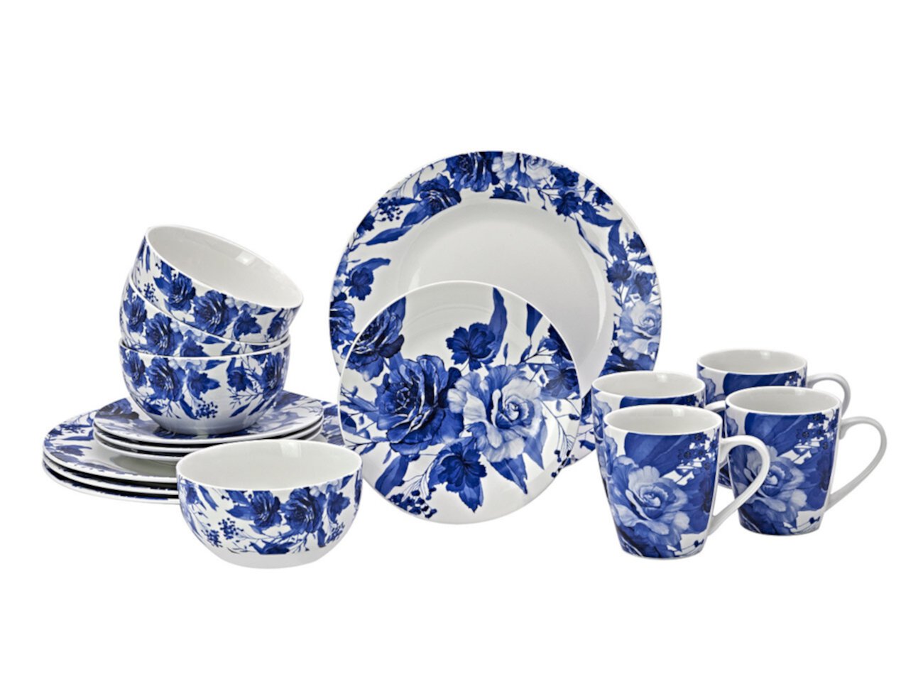 Набор обеденных тарелок, тарелок для салата, мисок и кружек с красивым цветочным рисунком, 16 предметов Godinger