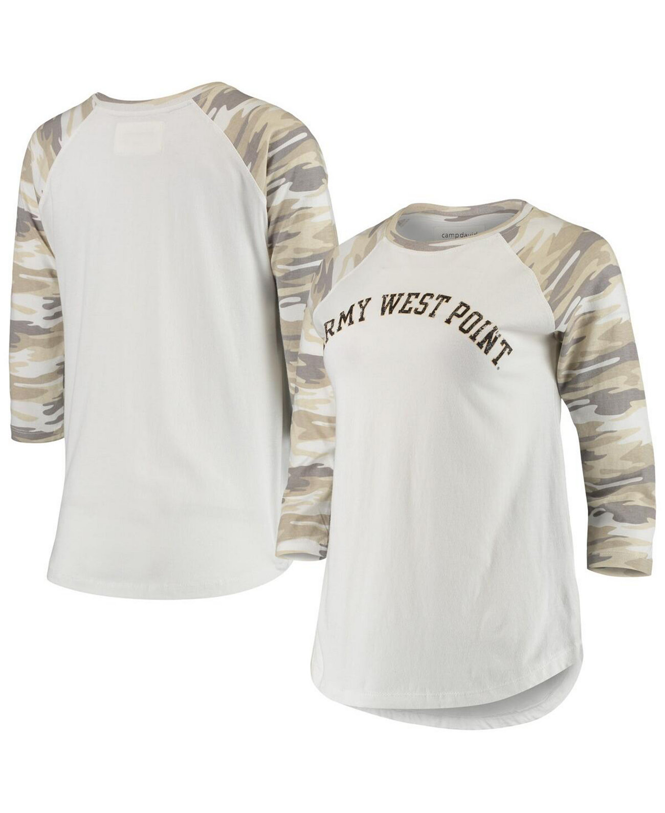 Женская белая футболка с камуфляжным принтом Army Black Knights Boyfriend Baseball Raglan с рукавами 3/4 Camp David