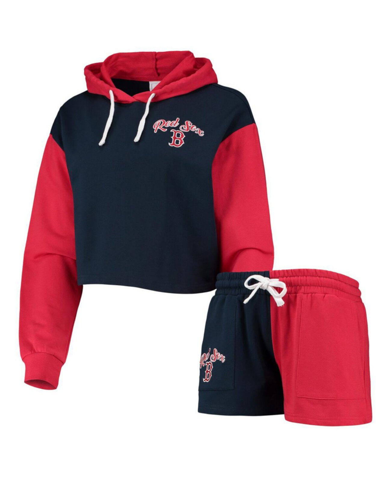 Женский комплект для отдыха: темно-синий, красный Boston Red Sox в стиле колор-блок, пуловер с капюшоном и шорты FOCO