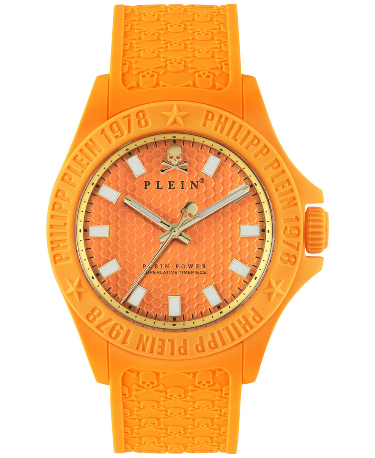 Мужские часы Plein Power Orange с гильошированным силиконовым ремешком, 43 мм Philipp Plein
