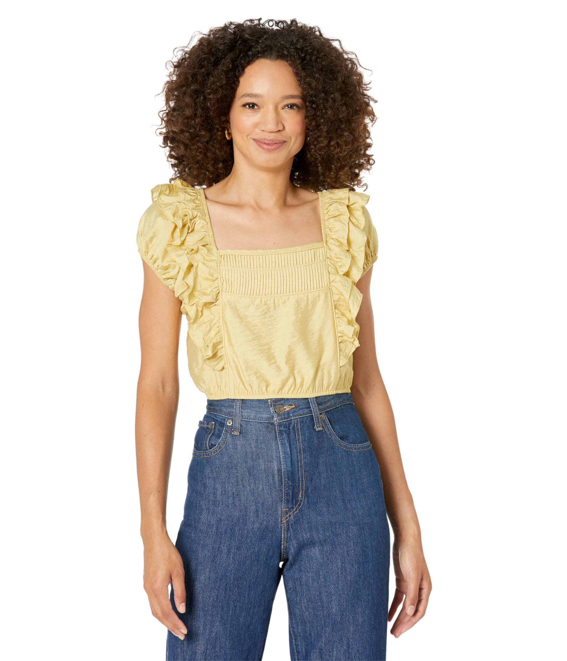 Woven Crop Top with Ruffle Sleeve Details MOON RIVER