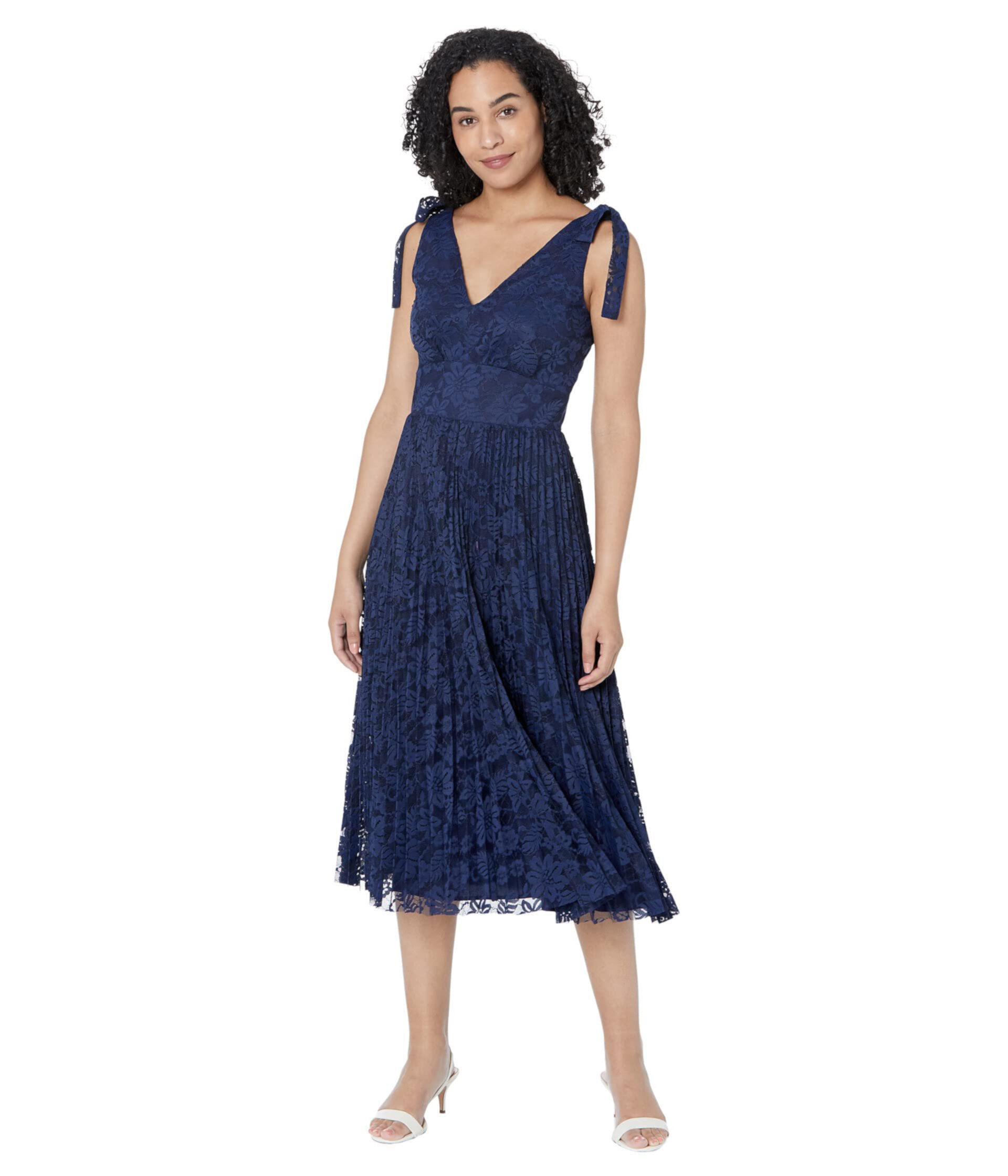 Pleated Skirt Dress with Tie Shoulder and Waistband Maggy London