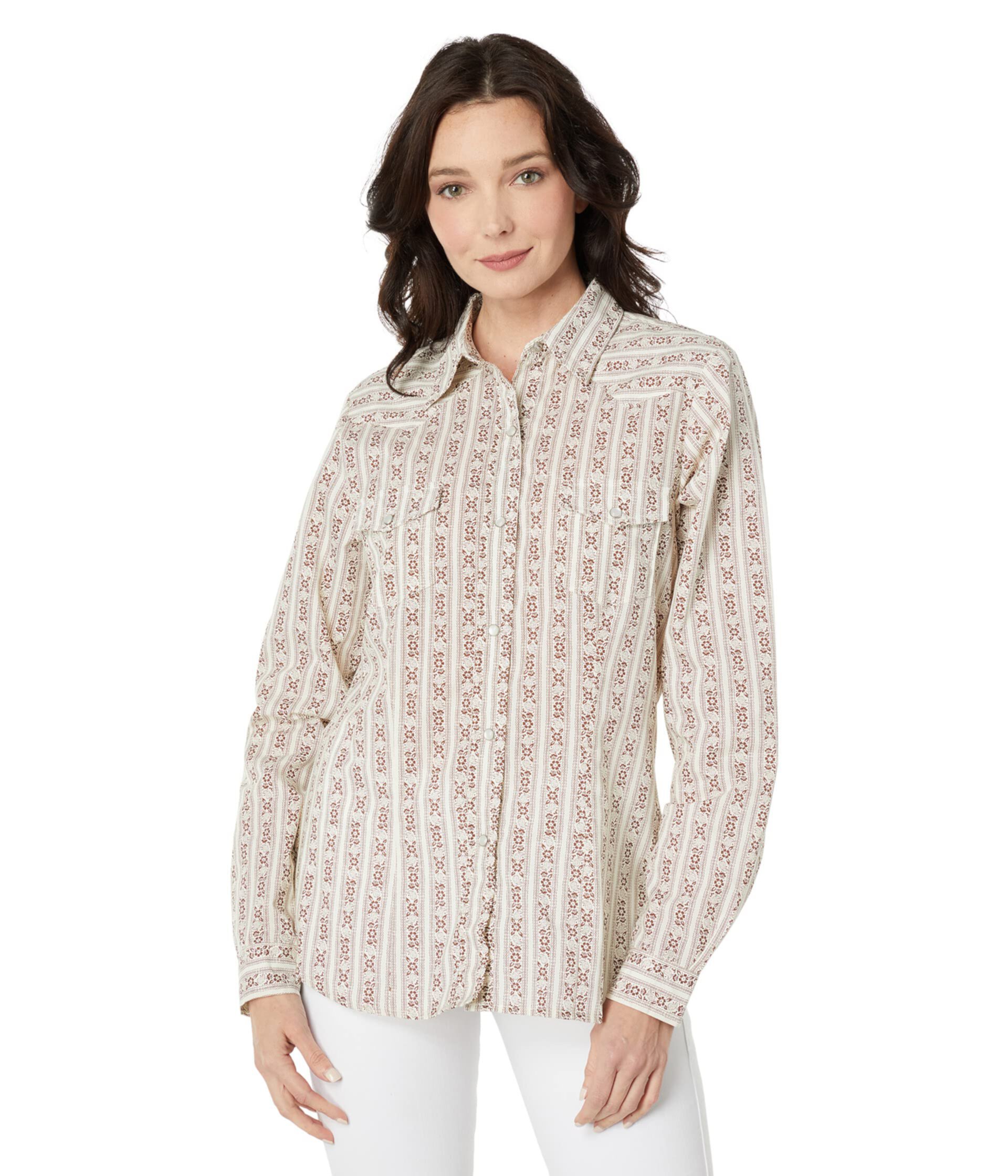 Хлопковая/полиэфирная кремово-коричневая полосатая блуза в стиле вестерн с застежками на кнопках Roper