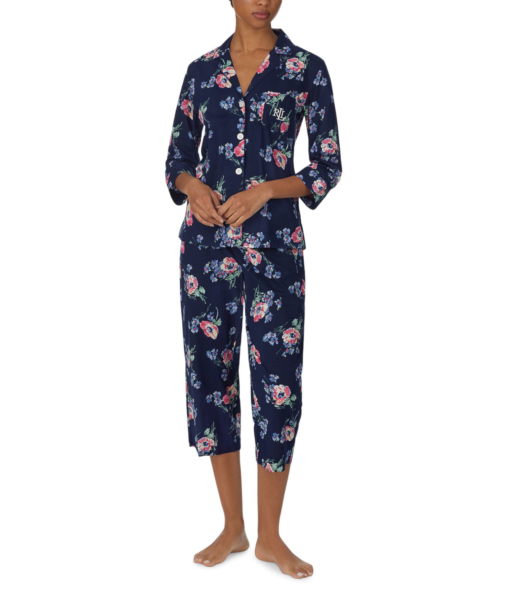 Пижамный комплект из плетеных капри с рукавом 3/4 и воротником-стойкой LAUREN Ralph Lauren