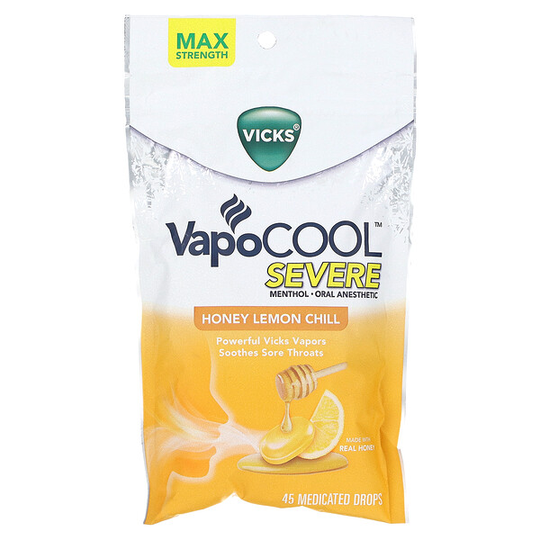 VapoCool, Severe, медово-лимонный холодок, 45 лечебных капель Vicks