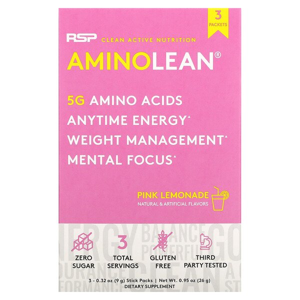 AminoLean, Розовый лимонад, 3 пакетика, 0,32 унции (9 г) RSP Nutrition