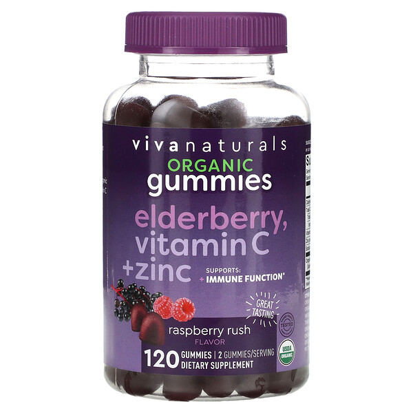 Органическая бузина, витамин С + цинк, малиновый порыв, 120 жевательных таблеток Viva Naturals