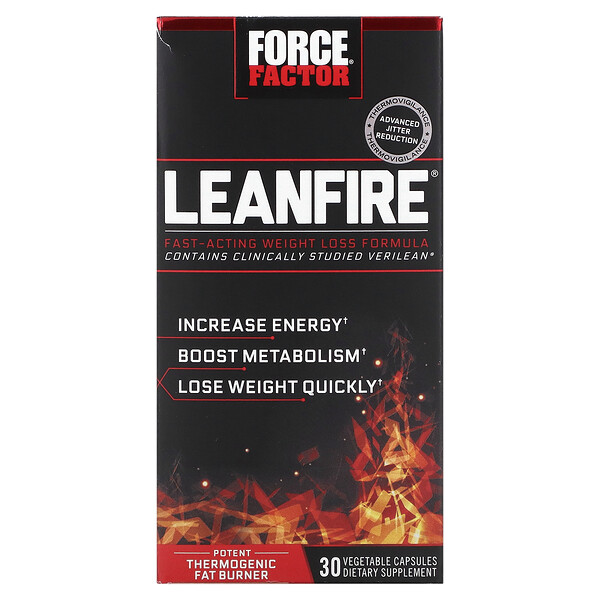 LeanFire, Быстродействующая формула для похудения - 30 растительных капсул - Force Factor Force Factor