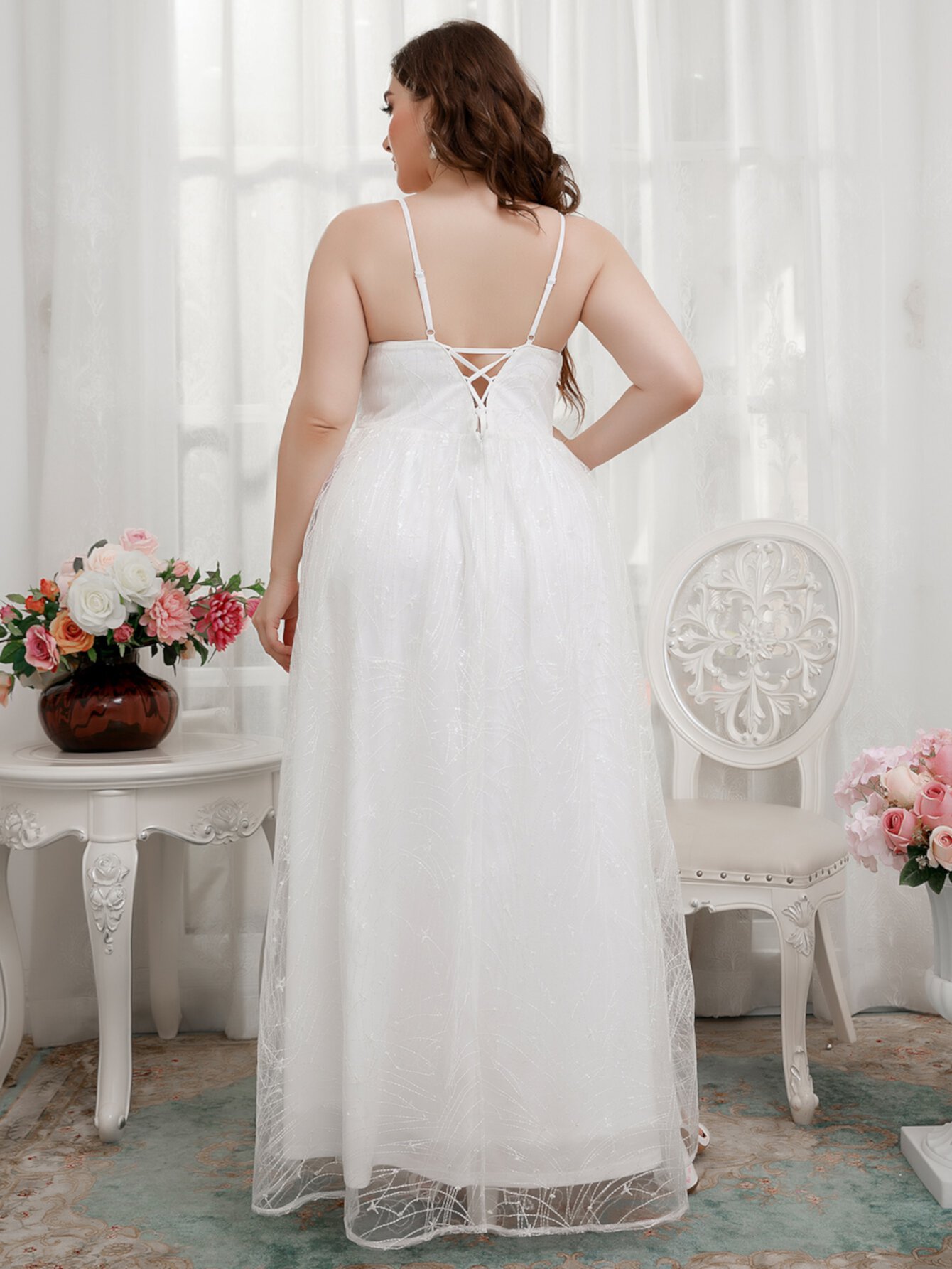 размера плюс с сетчатой вставкой со шнурком сзади кружевной Майка Свадебное платье SHEIN